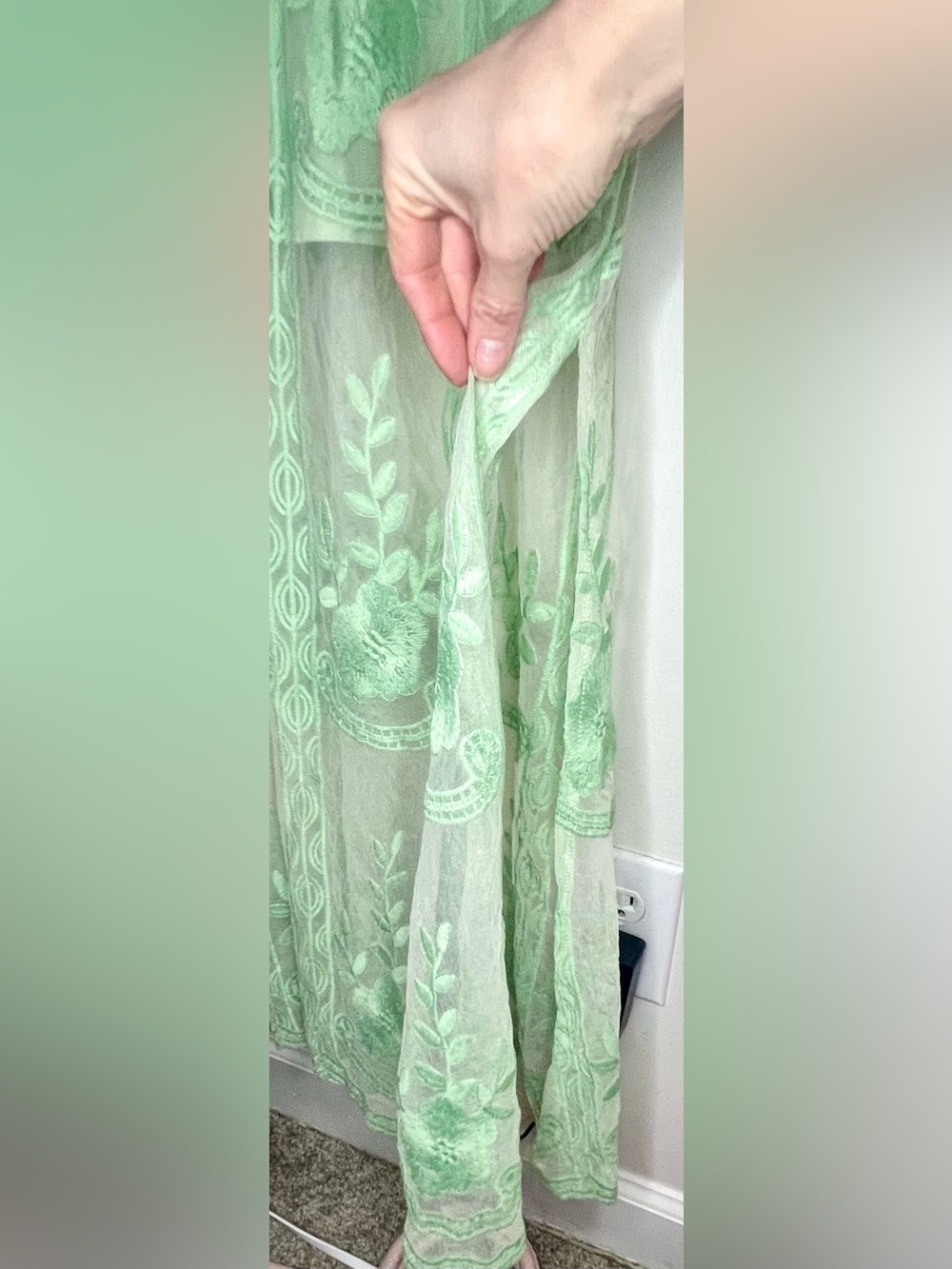 Mint Green Boho Lace Embroidered Mesh Overlay Maxi Dress Cottagecore Fairycore L - Picture 6 of 6